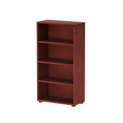 Tall wooden bookcase with four shelves in brown finish for home or office storage.