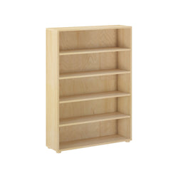 Wooden five-tier bookshelf with natural finish and adjustable shelves for home or office storage.