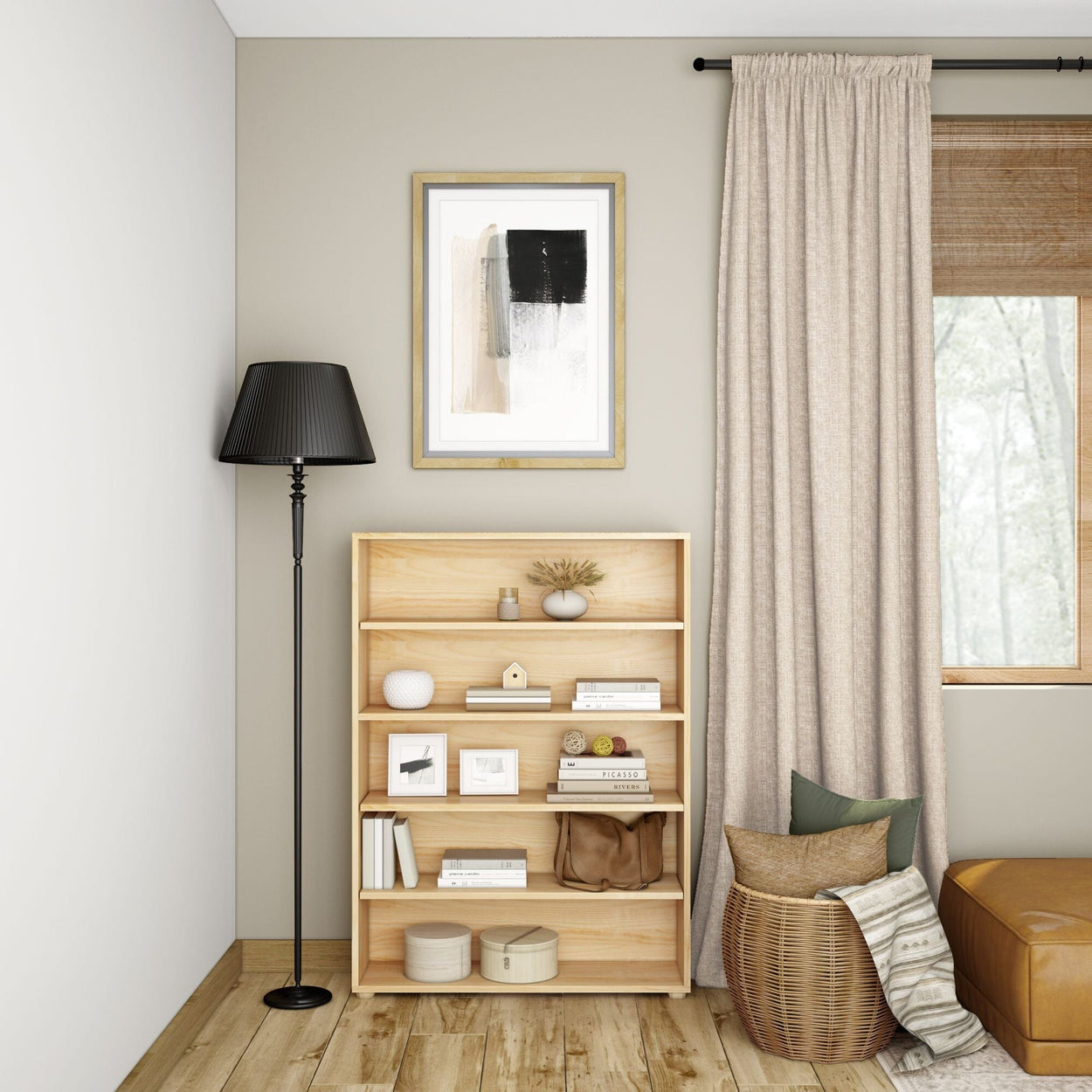 Modern living room interior with wooden bookshelf, minimalist decor, and a floor lamp.