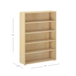 Five-tier wooden bookshelf with natural finish, dimensions 51.5 inches high, 37.5 inches wide, 10.75 inches deep.