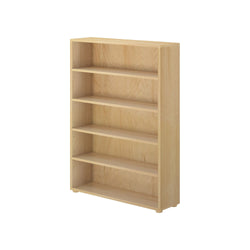 Wooden bookshelf with five shelves, ideal for home or office storage solutions.