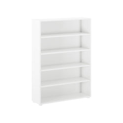 White five-shelf bookcase for home office storage.