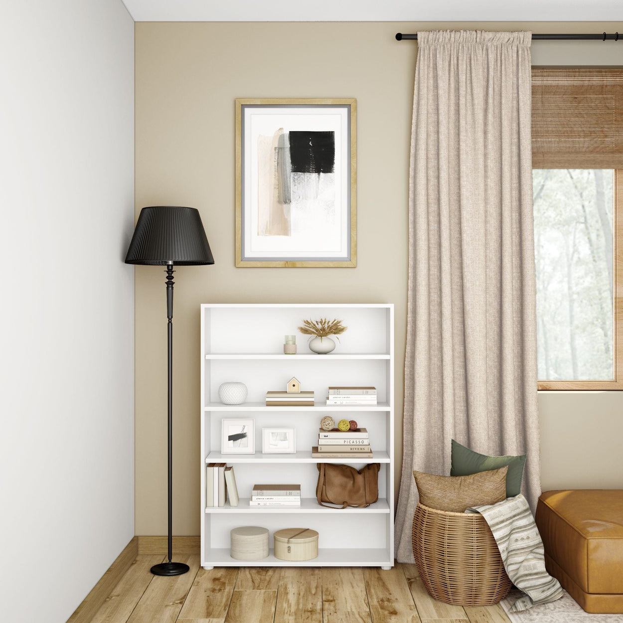 Cozy living room corner with bookshelf, floor lamp, and wicker basket for modern home decor.
