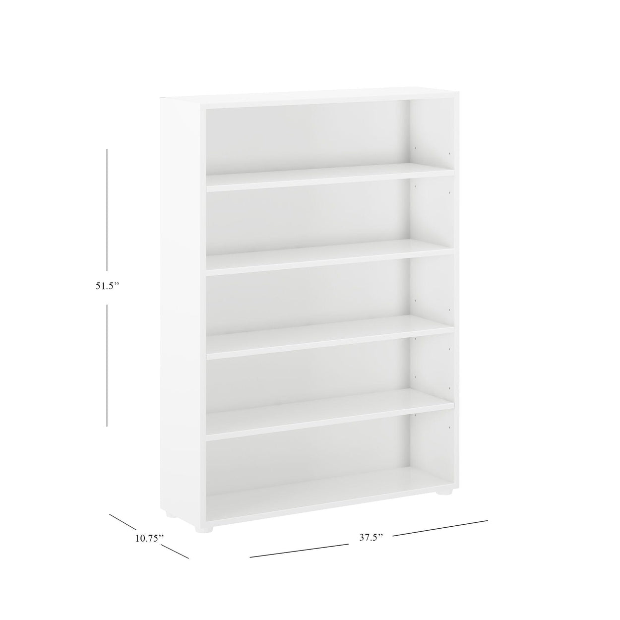 White 5-shelf bookcase with dimensions 51.5 inches high, 37.5 inches wide, 10.75 inches deep. Perfect for home or office storage and organization.