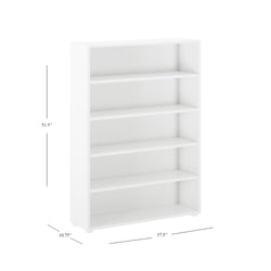 White 5-shelf bookcase with dimensions 51.5 inches high, 37.5 inches wide, 10.75 inches deep. Perfect for home or office storage and organization.