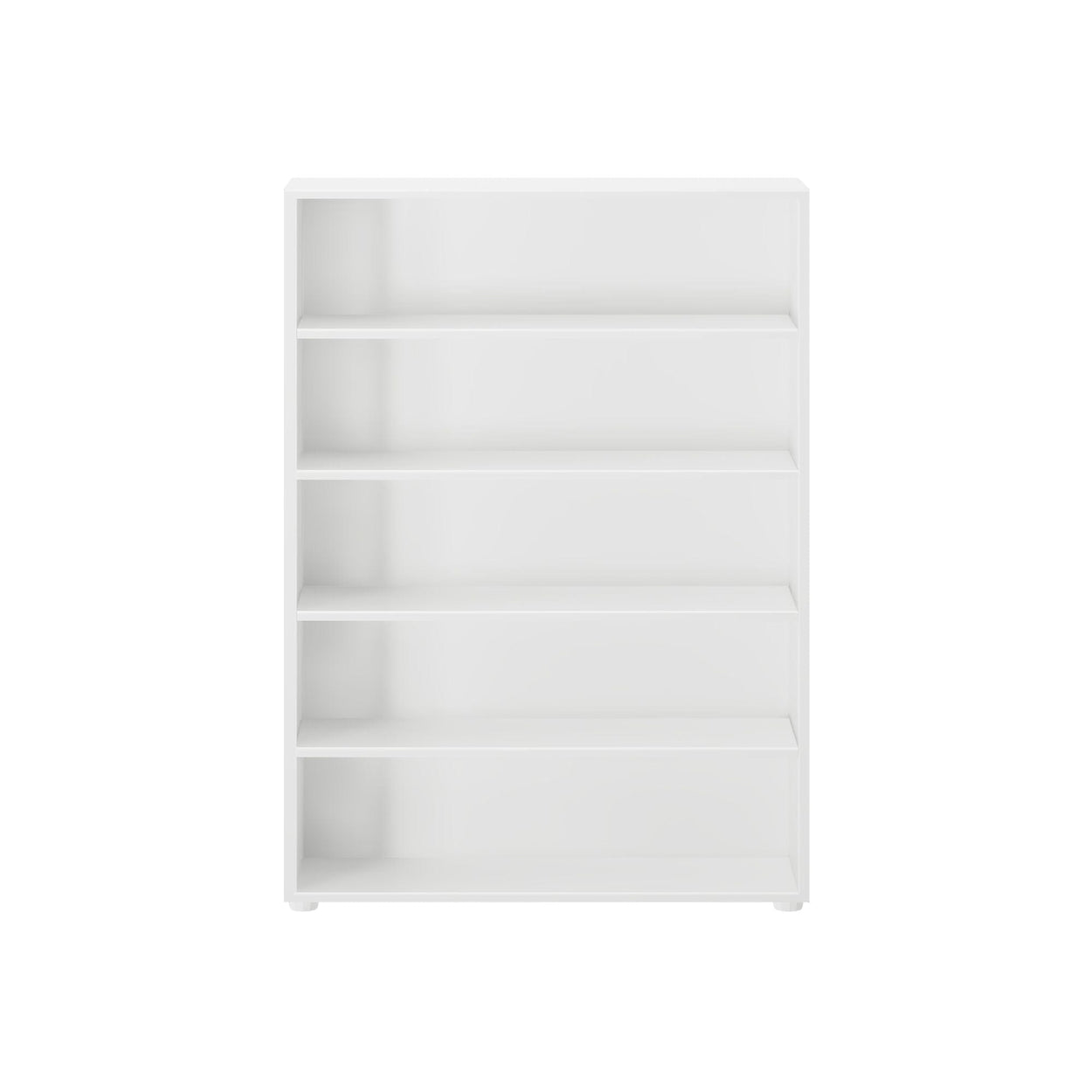 White five-tier bookshelf for home or office storage.