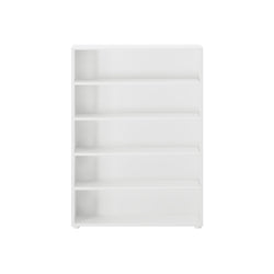 White five-tier bookshelf for home or office storage.
