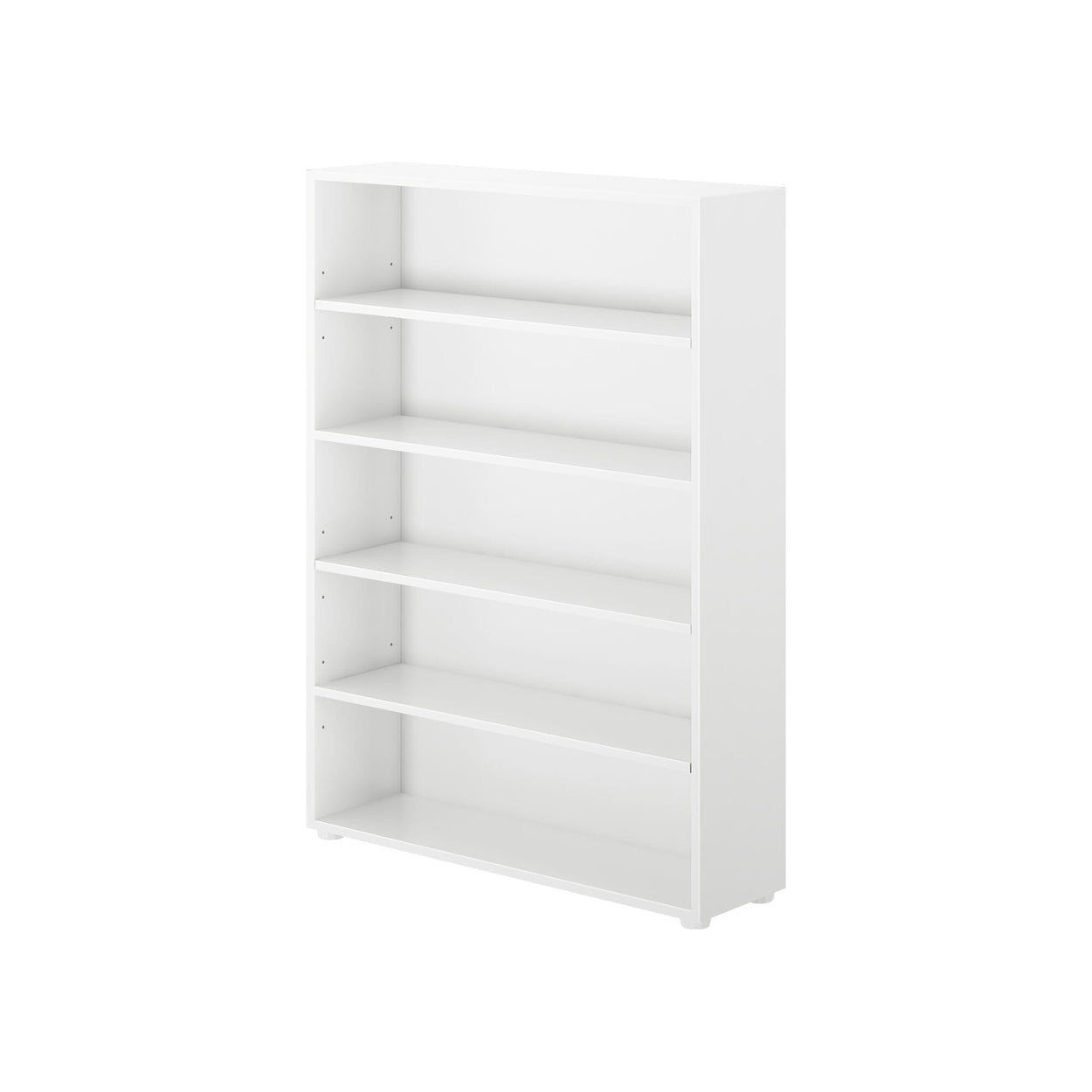 White five-shelf bookcase with adjustable shelves for home or office storage solutions.