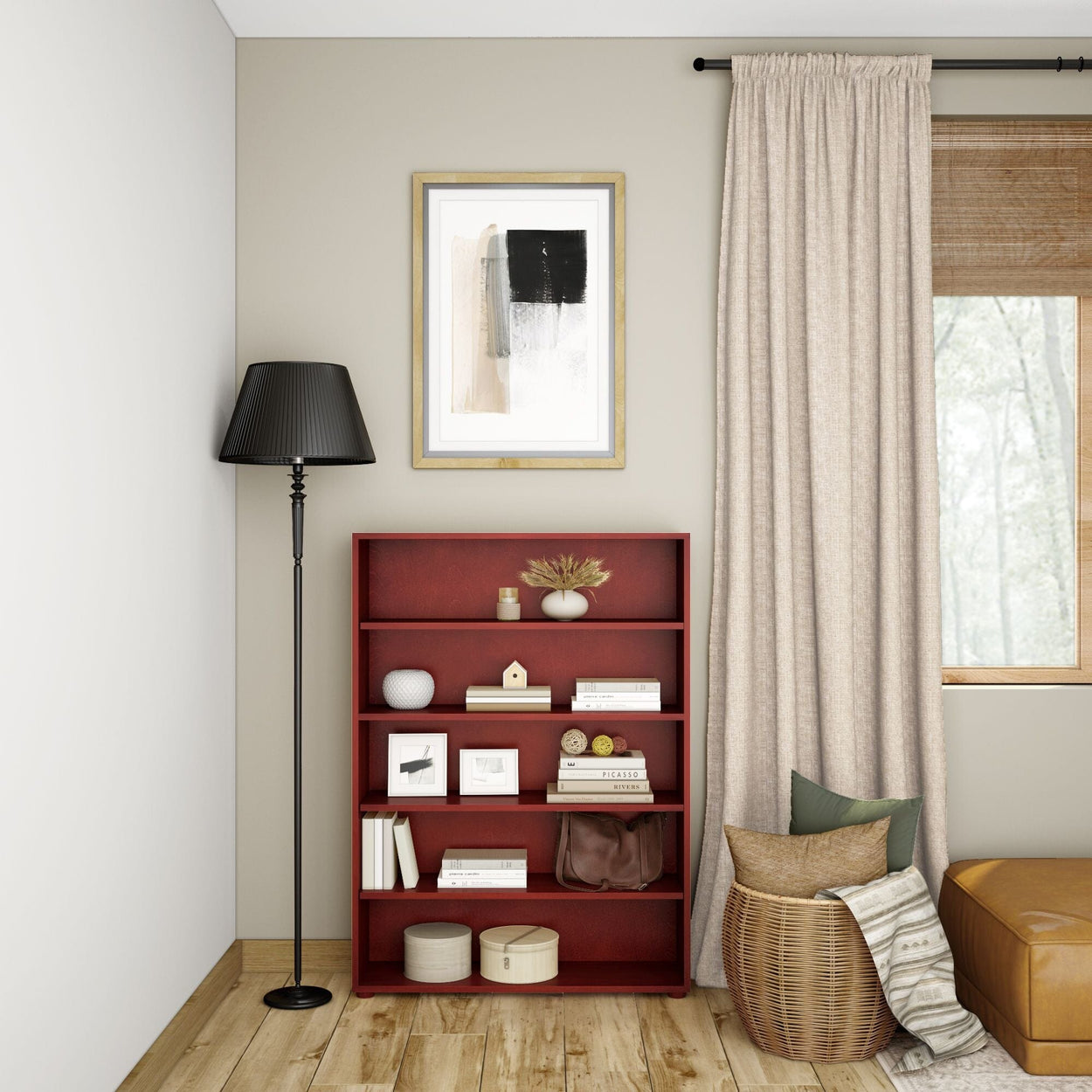 Cozy living room with red bookshelf, modern art, and elegant decor elements.