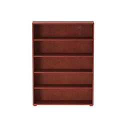 Wooden bookshelf with five shelves for home or office storage.