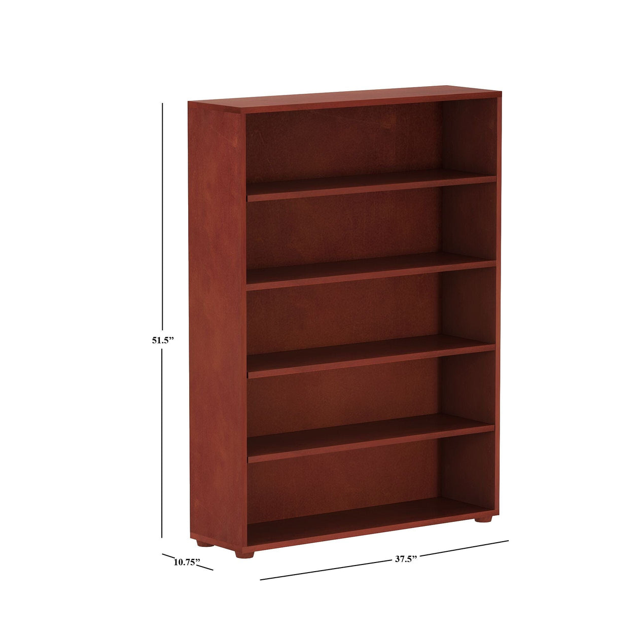 5-shelf wooden bookcase with mahogany finish, dimensions: 51.5 inches height, 37.5 inches width, 10.75 inches depth, ideal for home or office use.
