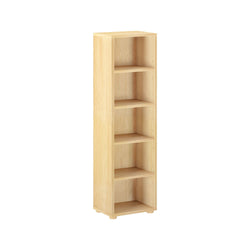 Tall wooden bookshelf with five shelves for home and office storage.