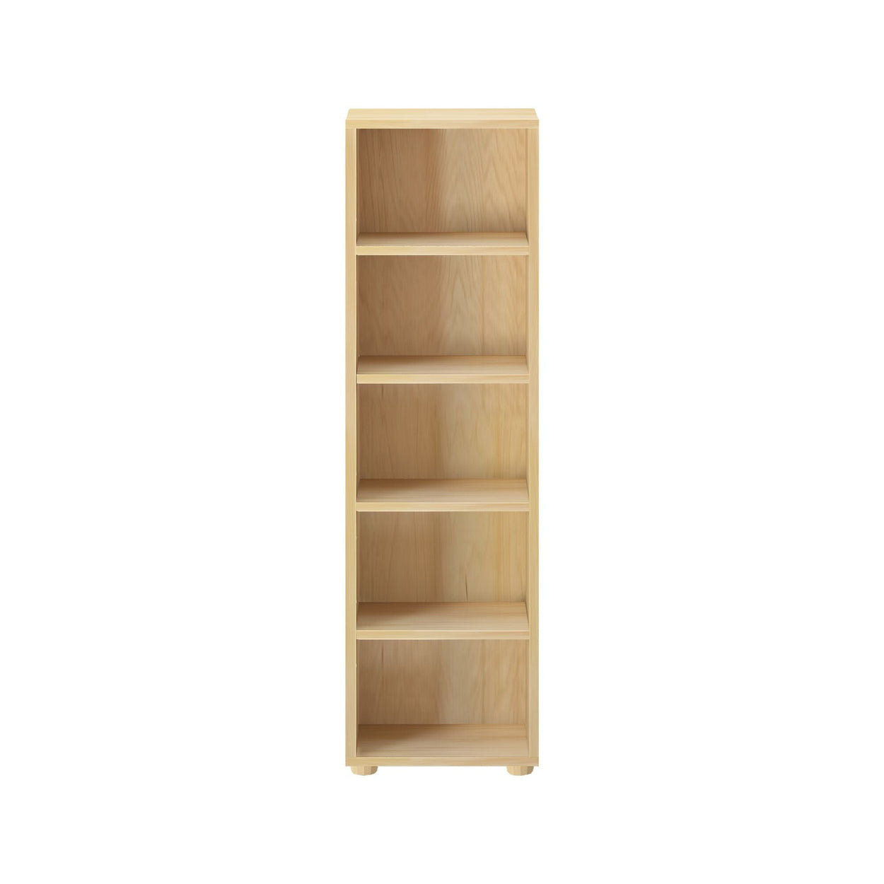 Natural wood bookshelf with five shelves for home or office storage solutions.