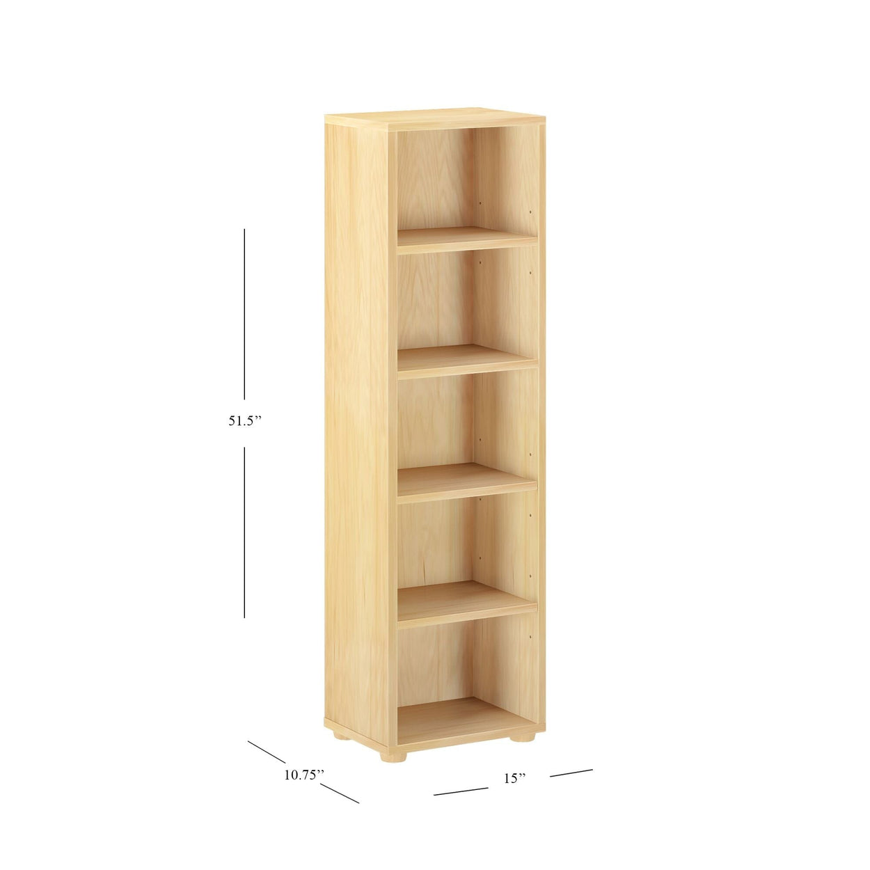 Tall wooden bookshelf with five shelves and dimensions of 51.5 inches high, 10.75 inches deep, and 15 inches wide, perfect for organizing books in study or living room.