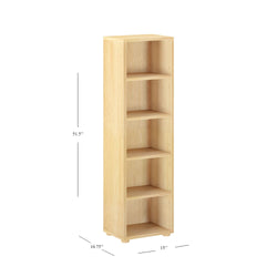 Tall wooden bookshelf with five shelves and dimensions of 51.5 inches high, 10.75 inches deep, and 15 inches wide, perfect for organizing books in study or living room.