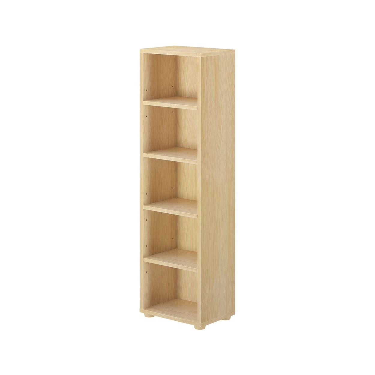 Tall wooden bookshelf with five shelves for home organization and storage solutions.