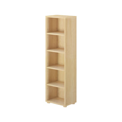 Tall wooden bookshelf with five shelves for home organization and storage solutions.