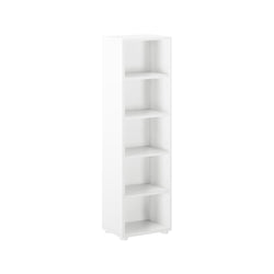 Tall white bookcase with five adjustable shelves for home or office storage.