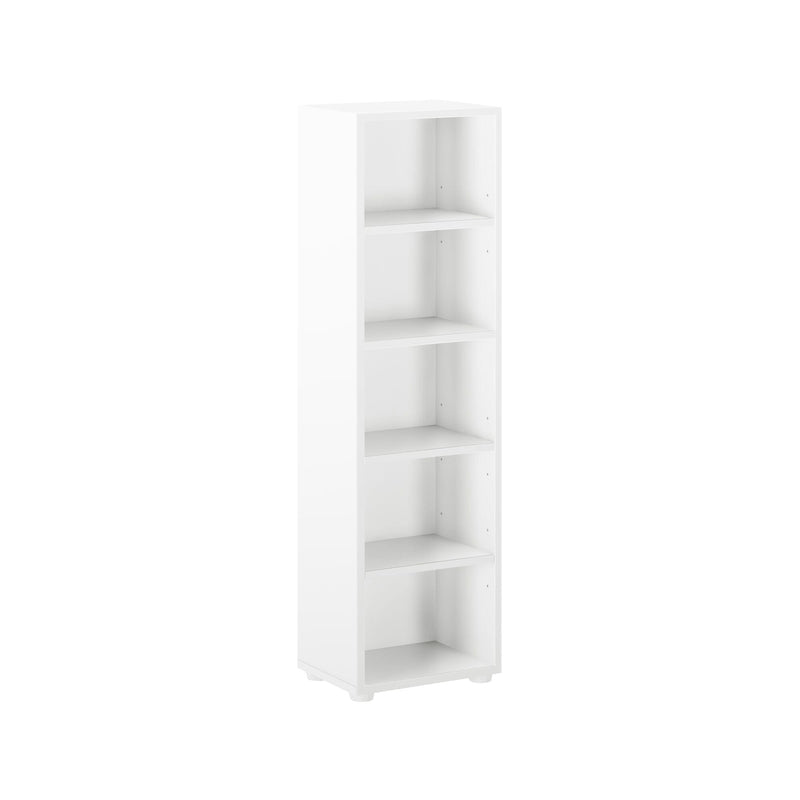 Tall white bookcase with five adjustable shelves for home or office storage.