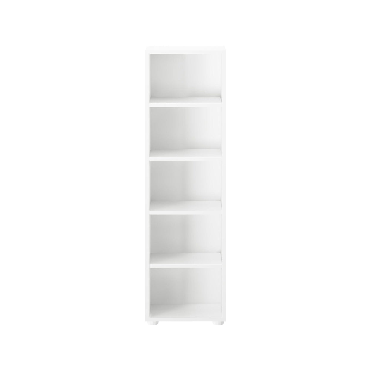 White wooden bookshelf with five empty shelves against a plain background.