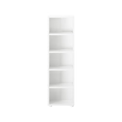 White wooden bookshelf with five empty shelves against a plain background.