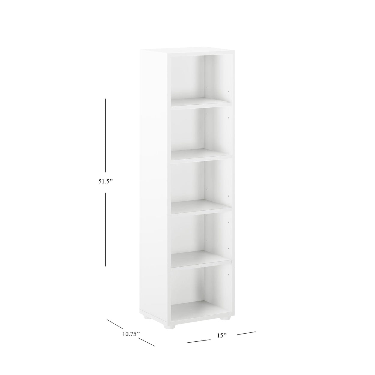 White five-tier bookshelf with dimensions 51.5" x 15" x 10.75" perfect for home or office organization.