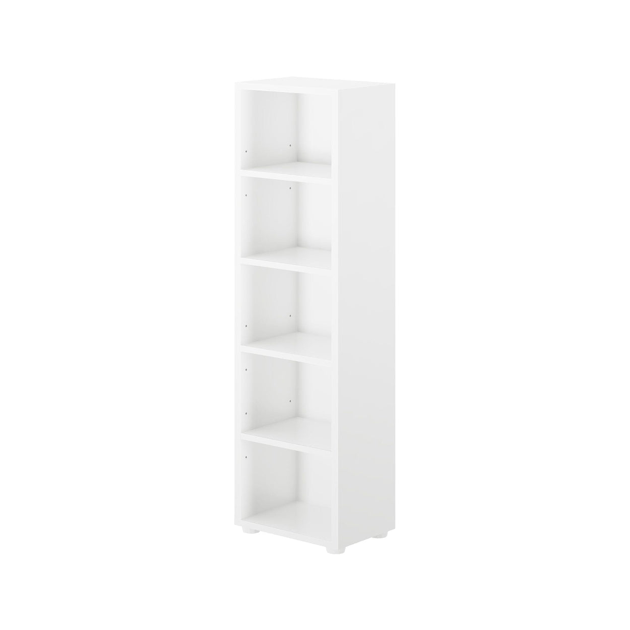 White tall narrow bookshelf with five shelves for home organization and storage solutions.