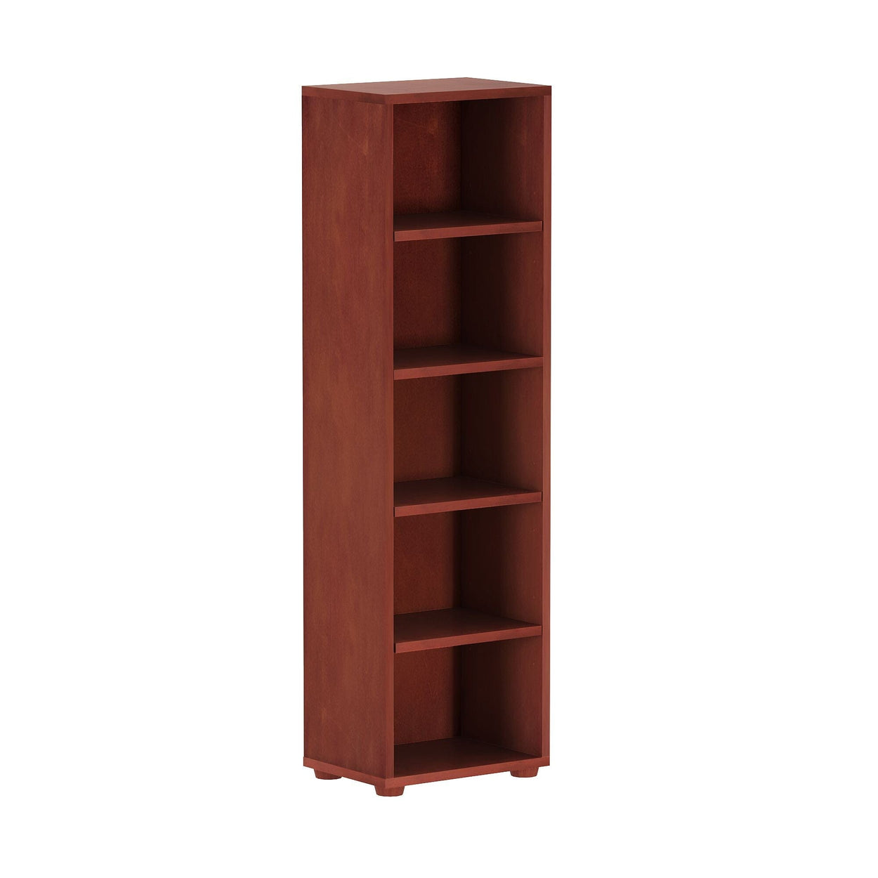 Tall wooden bookshelf with five shelves in a rich brown finish for home or office storage solutions.