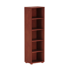 Tall wooden bookshelf with five shelves in a rich brown finish for home or office storage solutions.