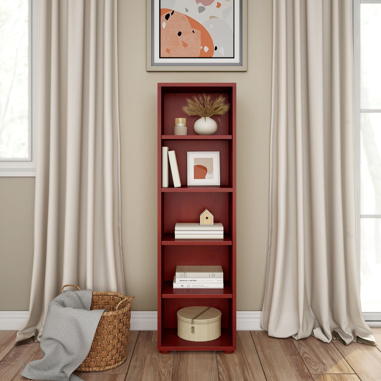 Red wooden bookshelf with decorative items, books, and artwork in a cozy living room.