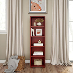 Red wooden bookshelf with decorative items, books, and artwork in a cozy living room.