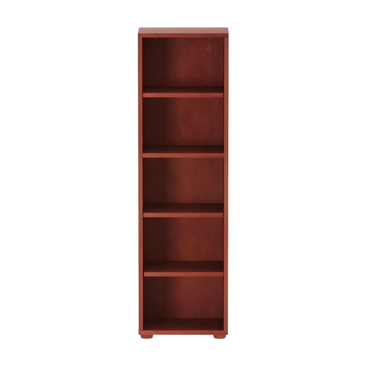 Tall wooden bookshelf with five shelves for home or office storage.