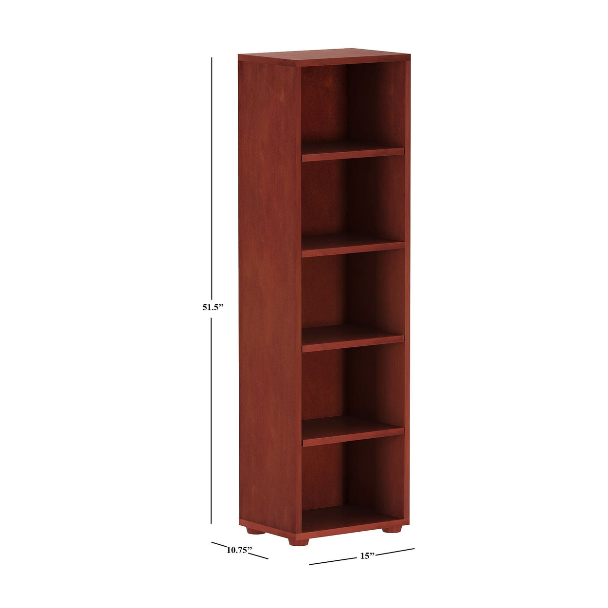 Tall wooden bookshelf with five shelves and dimensions labeled, ideal for home or office storage solutions.