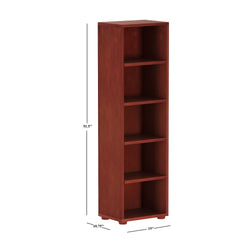 Tall wooden bookshelf with five shelves and dimensions labeled, ideal for home or office storage solutions.