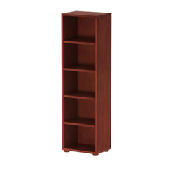 Tall wooden bookshelf with five compartments, ideal for home office organization and storage.