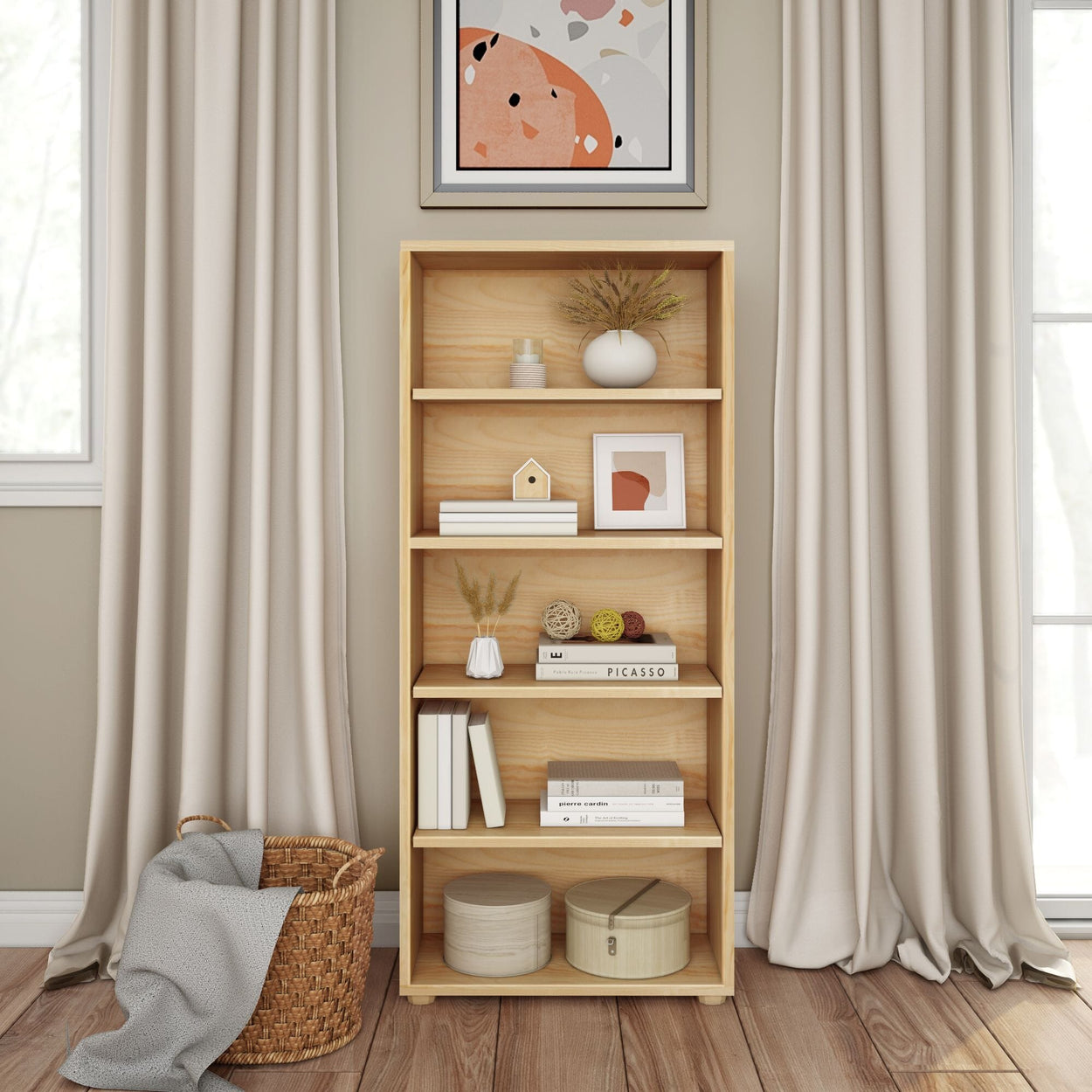 Modern wooden bookshelf with decor items and vases beside large window and curtains.