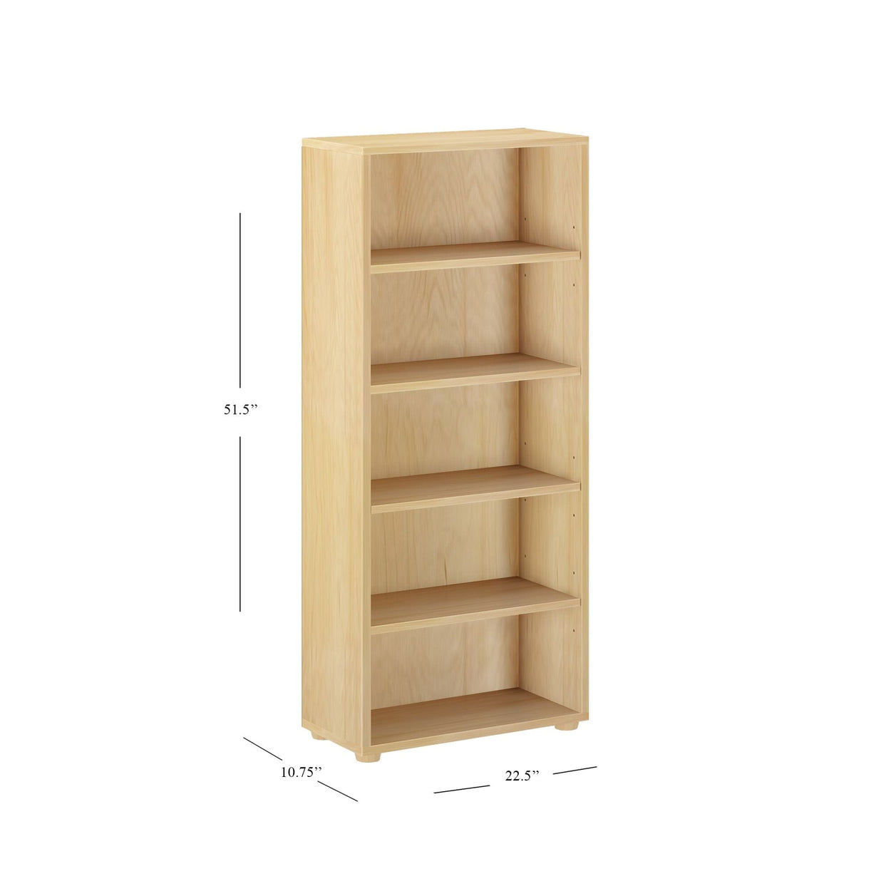 5-shelf wooden bookcase with natural wood finish, dimensions 51.5 inches tall, 22.5 inches wide, 10.75 inches deep.