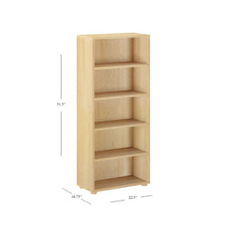 5-shelf wooden bookcase with natural wood finish, dimensions 51.5 inches tall, 22.5 inches wide, 10.75 inches deep.
