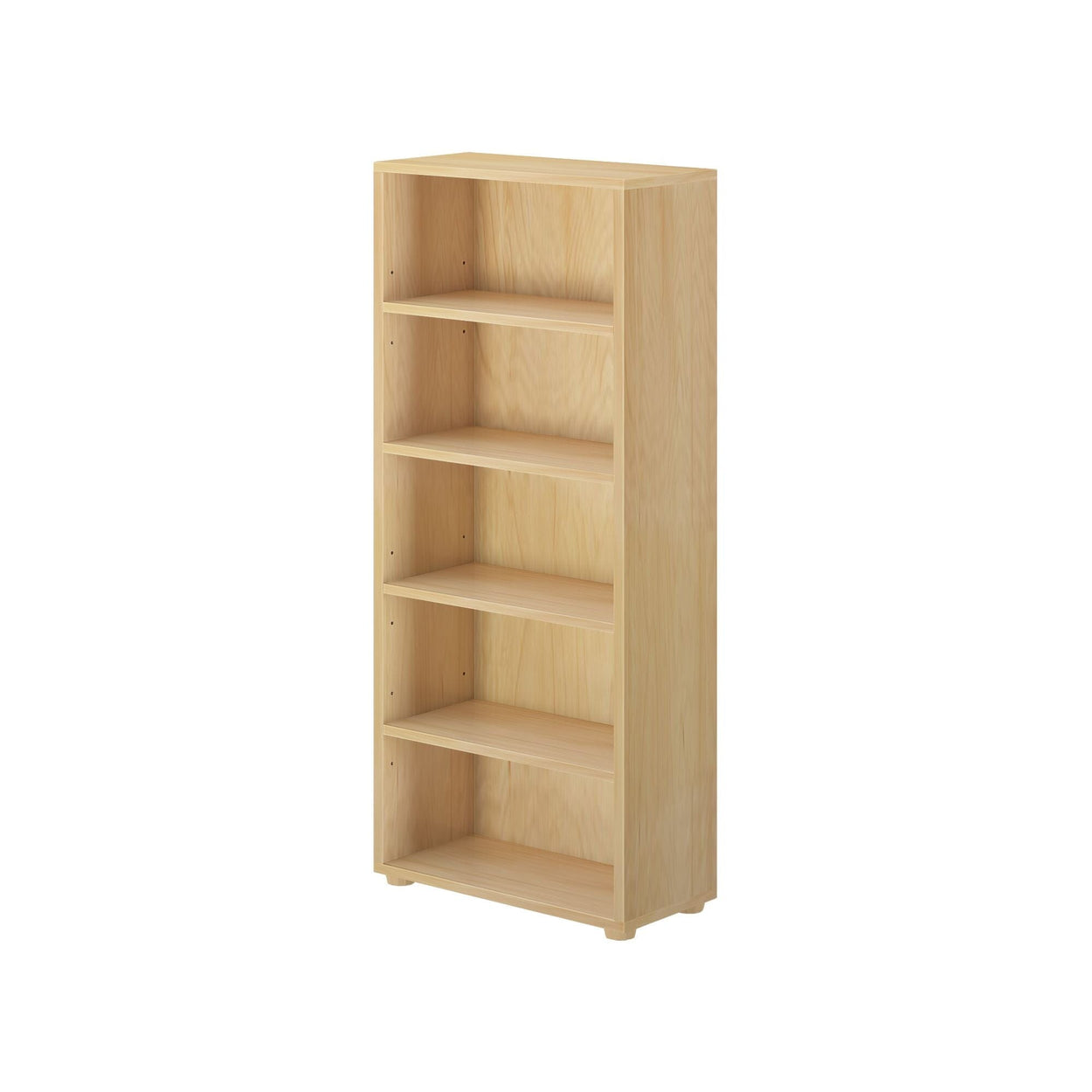 Natural wooden bookshelf with five shelves for home or office organization.
