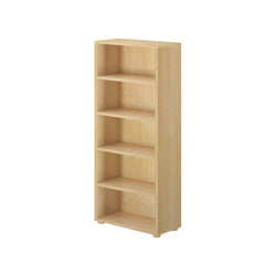 Natural wooden bookshelf with five shelves for home or office organization.