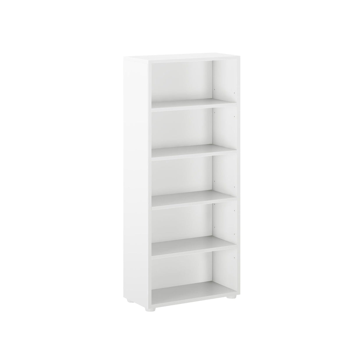 White five-shelf bookcase for home office organization.