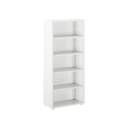 White five-shelf bookcase for home office organization.