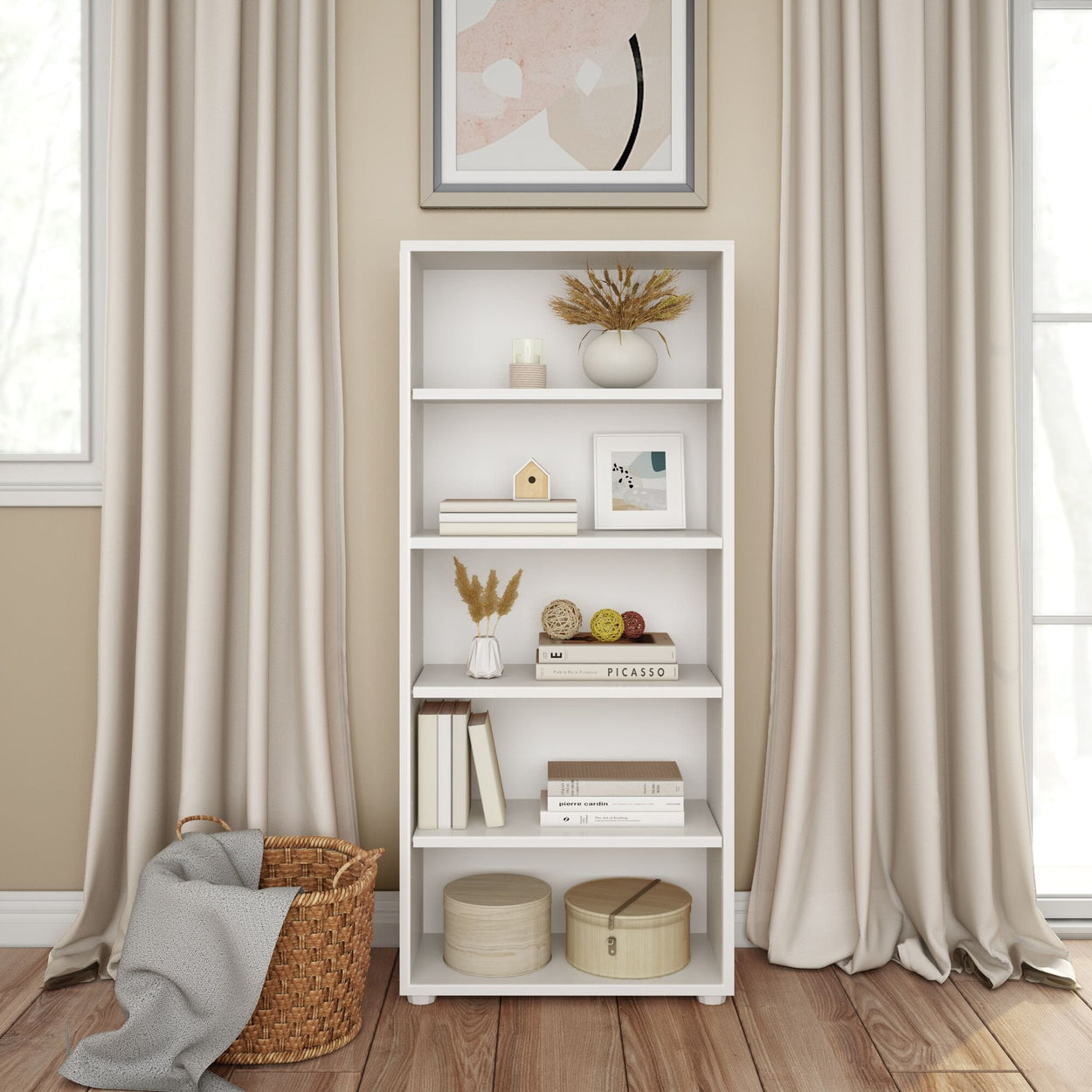 White bookshelf with decorative items in a modern living room setting.