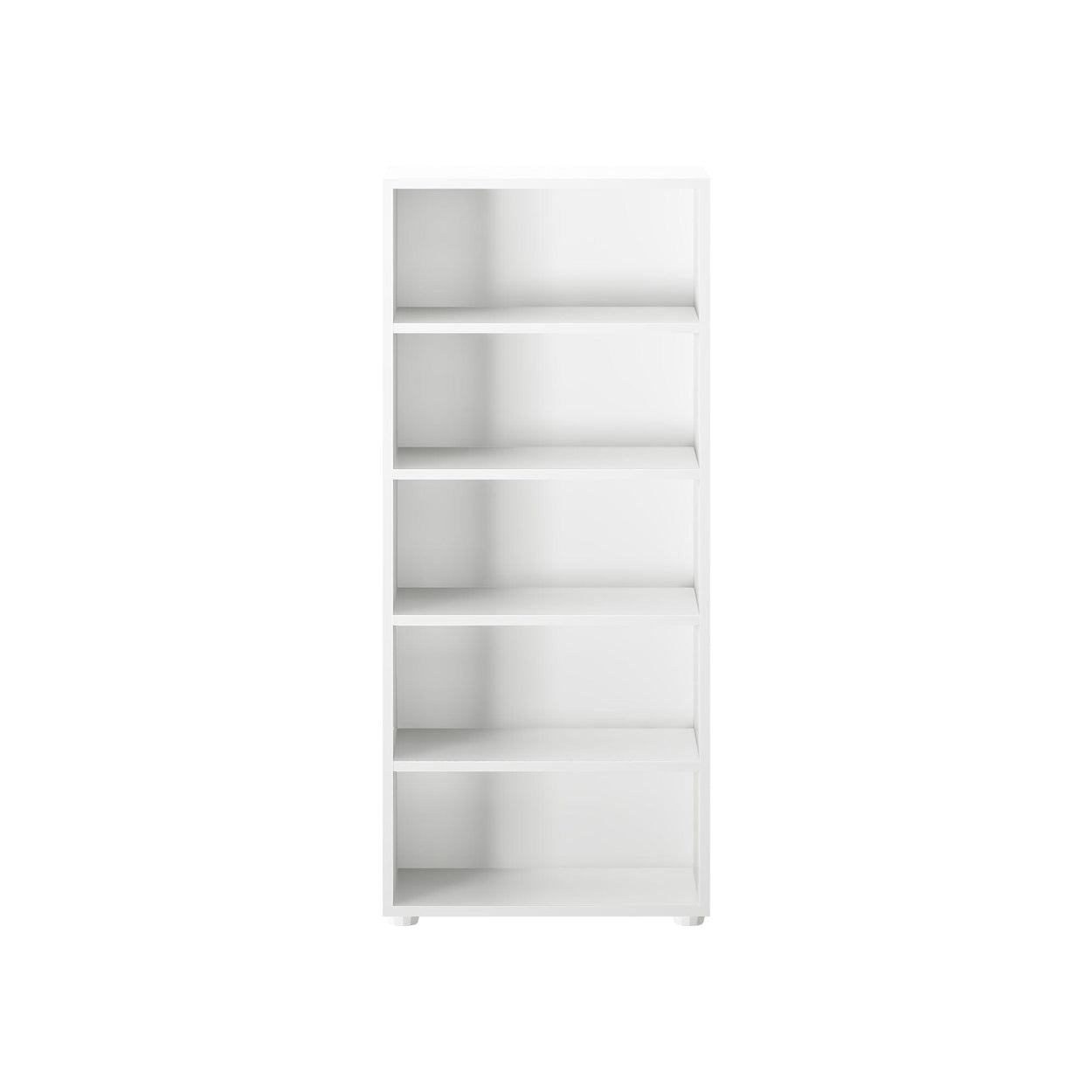 White five-shelf bookcase for home office storage solutions.