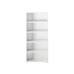 White five-shelf bookcase for home office storage solutions.