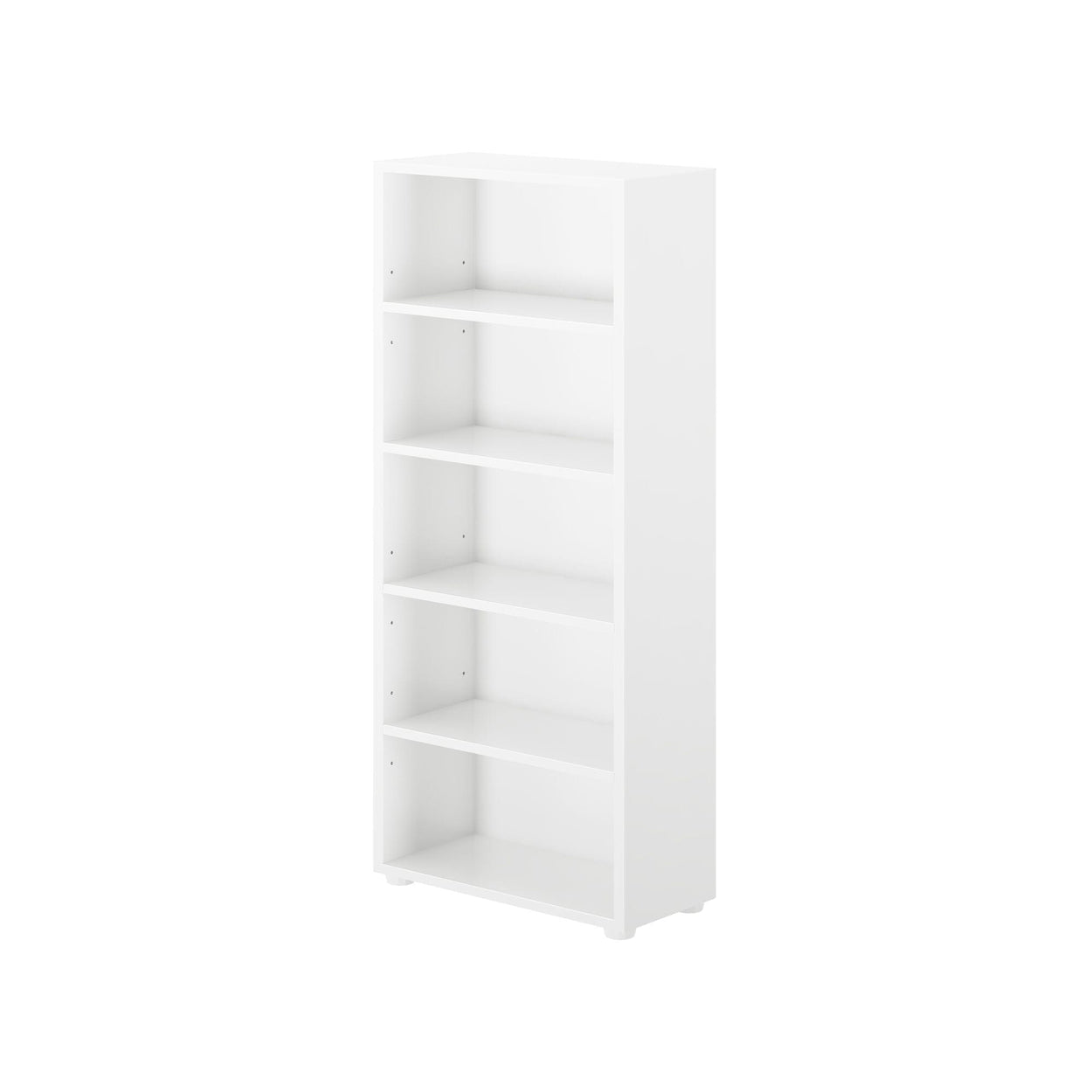 Tall white bookshelf with five adjustable shelves for home or office organization.