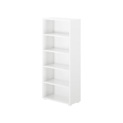 Tall white bookshelf with five adjustable shelves for home or office organization.
