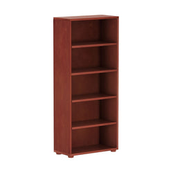 Tall wooden bookcase with five shelves in a rich cherry finish.