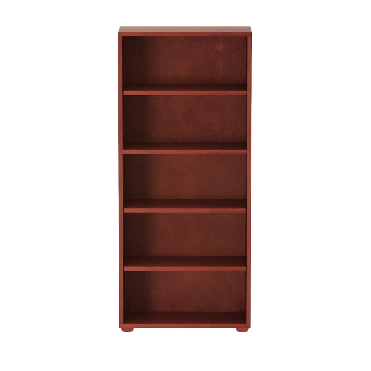 Tall wooden bookshelf with multiple shelves in a rich brown finish.