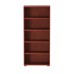 Tall wooden bookshelf with multiple shelves in a rich brown finish.